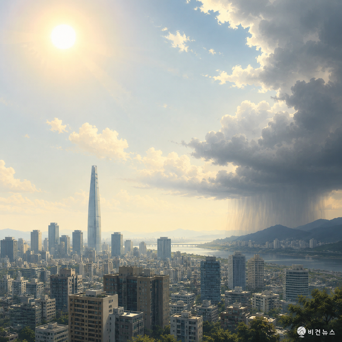 9일 서울은 낮 최고 34도의 무더위가 이어지고 동해안에는 비가 내릴 전망이다. (그래픽=AI 생성 이미지)