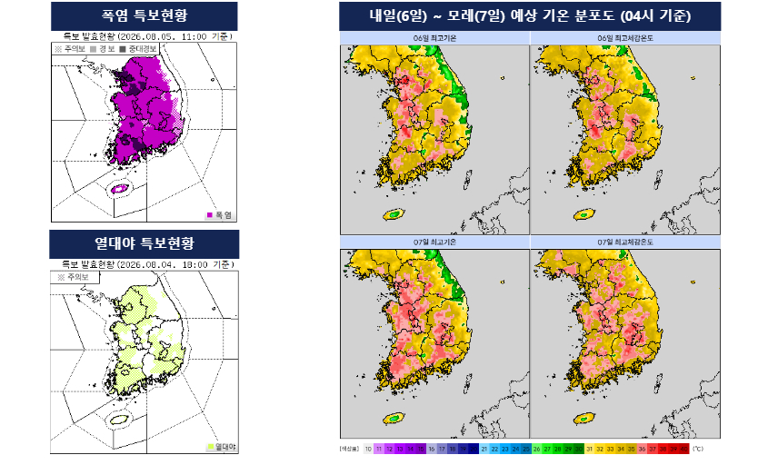 5일 폭염·열대야 특보 현황과 6~7일 예상 기온 분포. (자료=기상청)