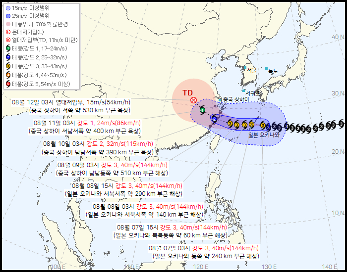 7일 오전 4시 발표된 제13호 태풍 ‘돌핀’ 예상 경로. (자료=기상청)