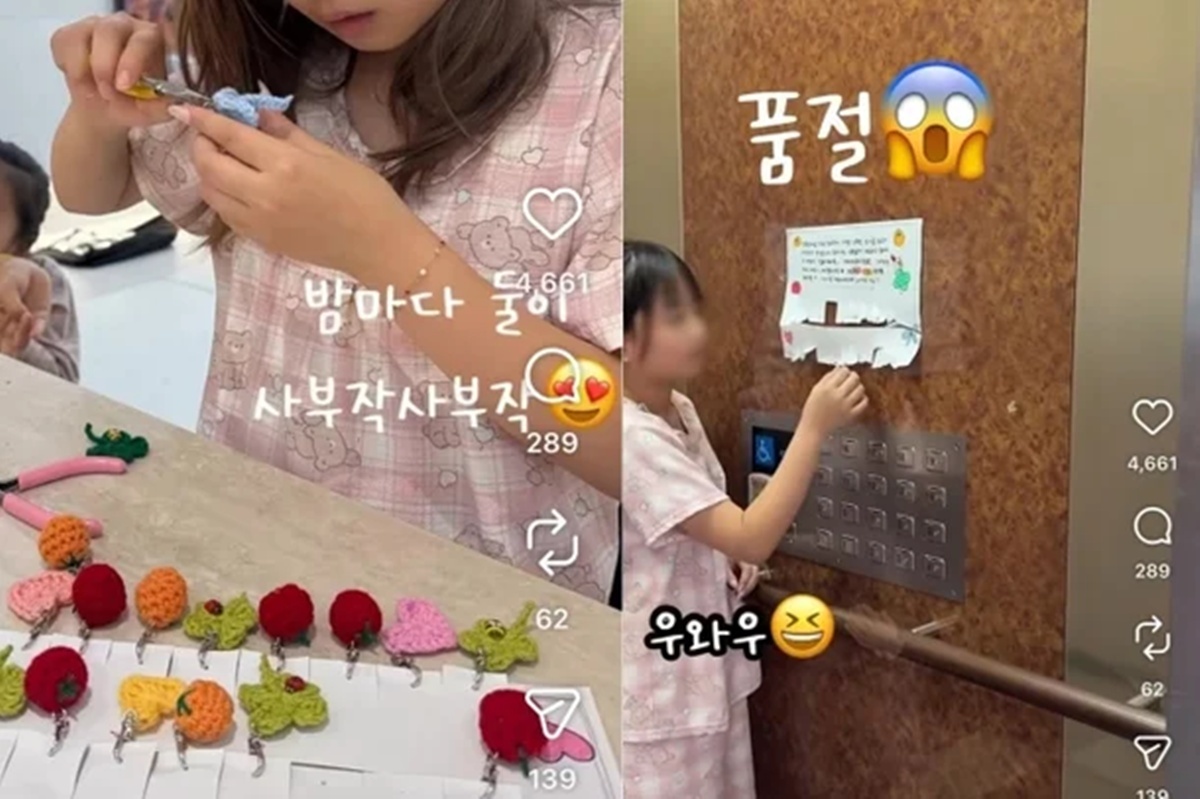 추석을 앞두고 한 초등학교 6학년 여학생이 아파트 엘리베이터에 직접 만든 손뜨개 키링을 이웃에게 선물한 모습 / 비야 인스타그램