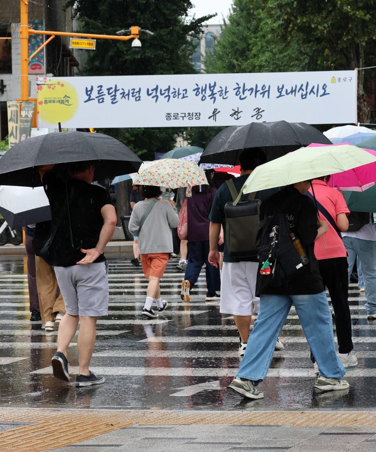 비가 내리고 있는 25일 오후 서울 종로구 인사동 입구 횡단보도에서 우산을 쓴 시민들이 발걸음을 옮기고 있다. / 뉴스1