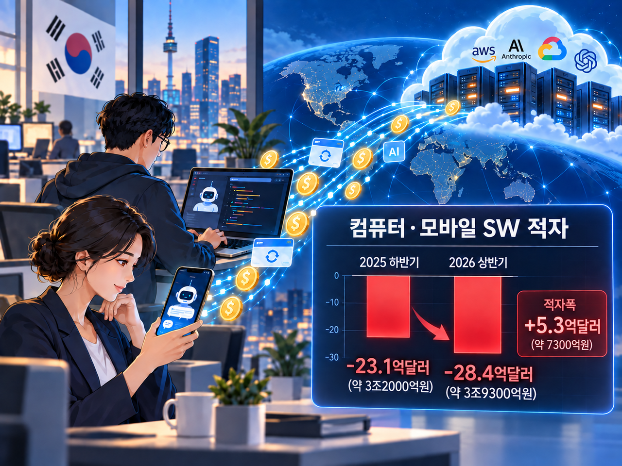 2026년 상반기 국내 지식서비스 무역수지에서 컴퓨터·모바일 소프트웨어 분야는 28.4억달러 적자를 기록했다. 지난해 하반기 23.1억달러 대비 적자폭이 5.3억달러 늘어난 수치다. / 한국은행 자료, 챗GPT 생성