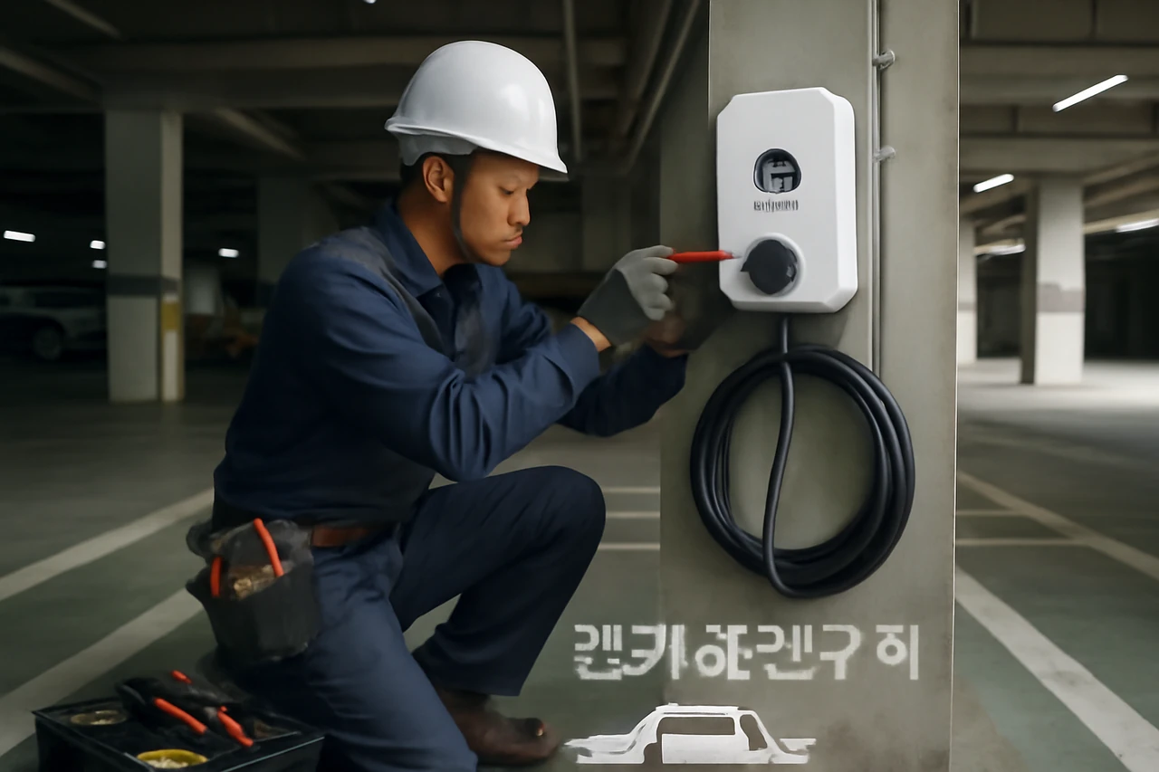 아파트 전기차 충전기 설치 작업 장면 / AI 생성 이미지