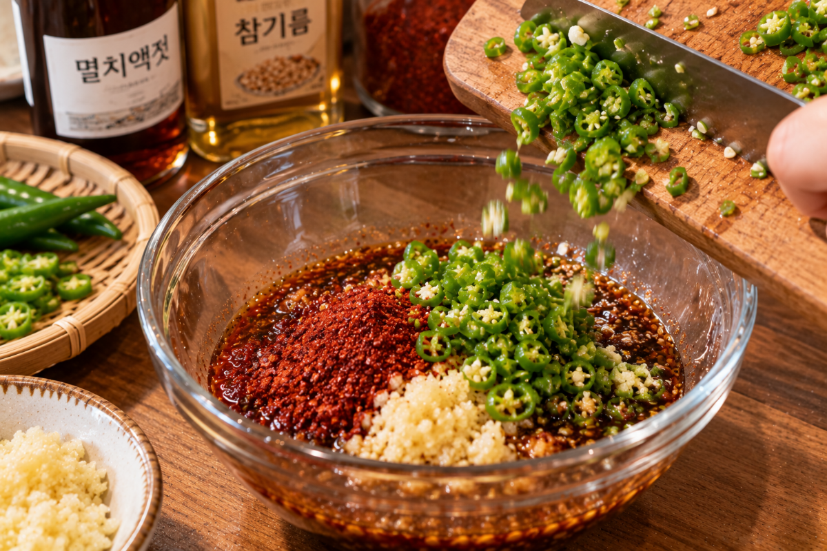 다진 청양고추를 양념장에 넣고 있다 / 기사 이해를 돕기 위한 Ai 이미지