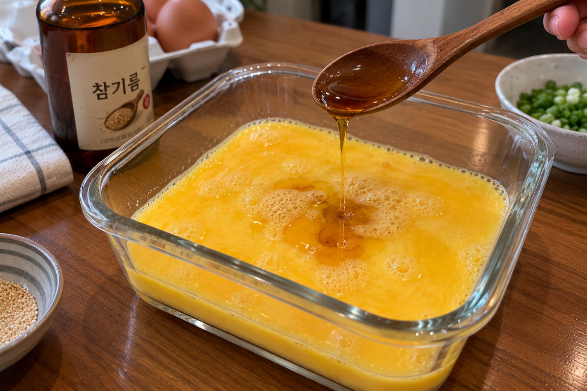 계란물에 참기름 한스푼을 넣고 있다 / 기사 이해를 돕기 위한 Ai이미지