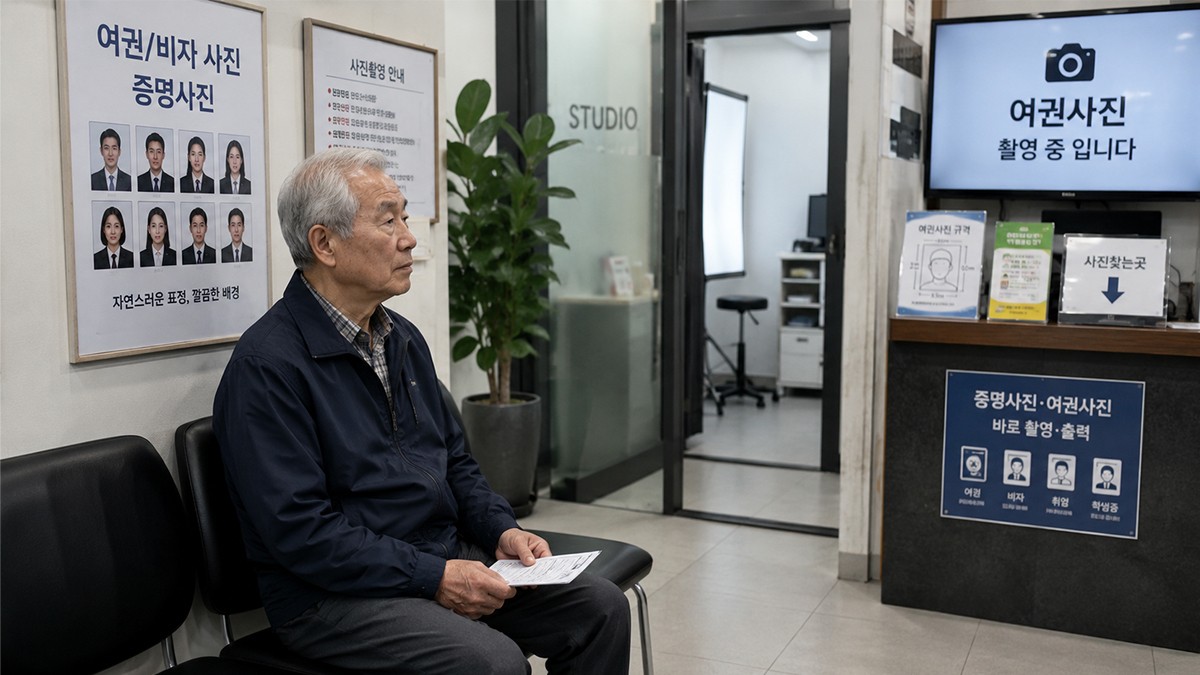 여권용 사진 찍으려 대기중인 고령운전자 / 사진=오토센티널 AI