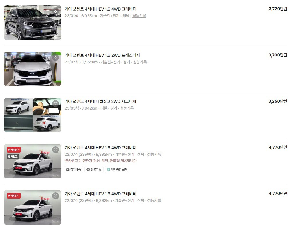 중고 쏘렌토 하이브리드 차량