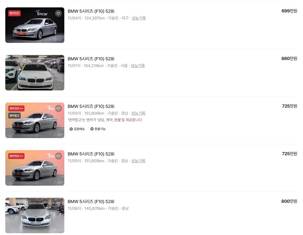 BMW 6세대 5시리즈 중고 시세