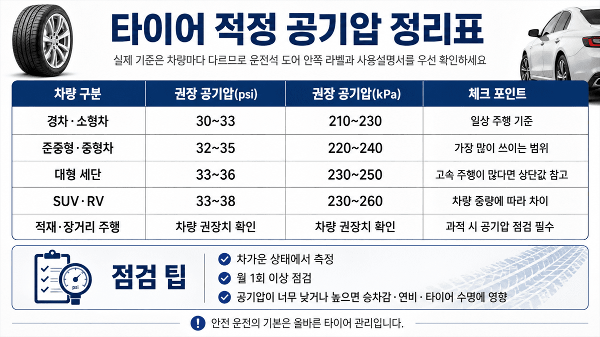 차종별 타이어 적정 공기압 정리표