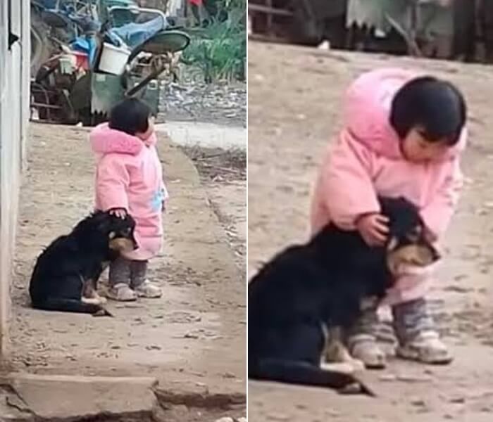 분홍색 외투를 입은 소녀와 검은 개