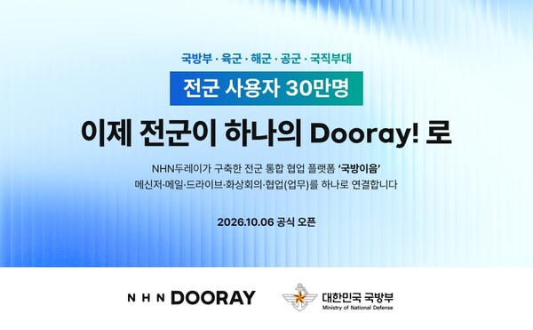 NHN두레이는 자사 협업 서비스 'Dooray!' 기반 전군 통합 협업 플랫폼 '국방이음'의 구축을 마무리하고 본격적인 운영에 돌입했다. /NHN