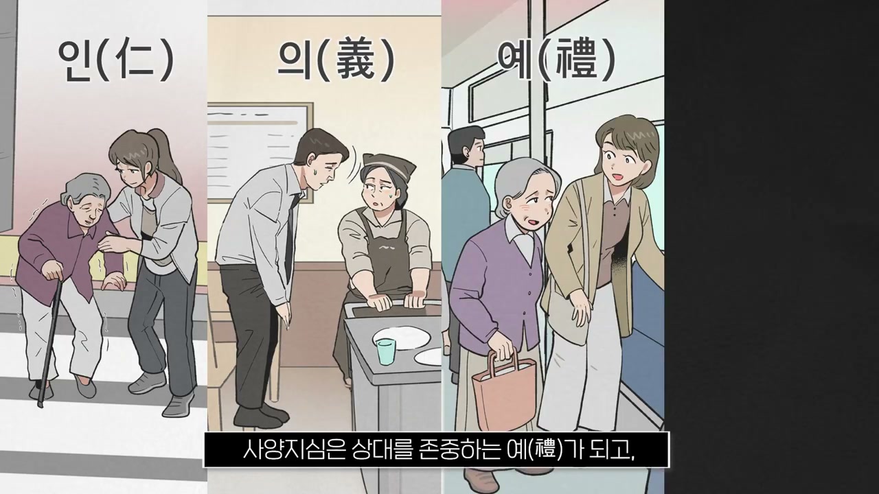 세로 3분할 일러스트에서 지팡이 짚은 할머니를 젊은 여성이 부축하는 인(仁), 정장 남성이 앞치마 입은 여성에게 고개를 숙이는 의(義), 쇼핑백 든 할머니를 여성이 이끄는 예(禮)가 그려져 있다