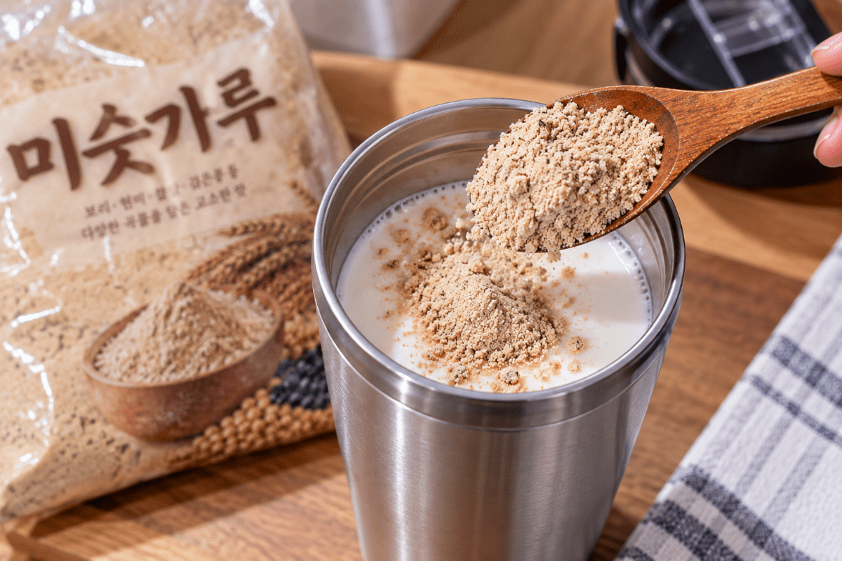 우유에 미숫가루 한스푼을 넣고 있다 / 기사 이해를 돕기 위한 Ai 이미지