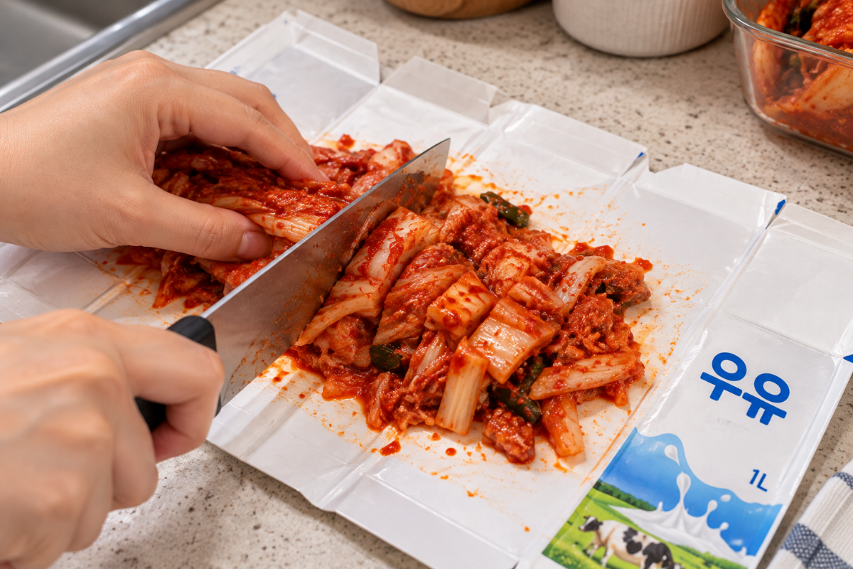 우유팩에 김치를 올려 썰어주고 있다 / 기사 이해를 돕기 위한 Ai 이미지