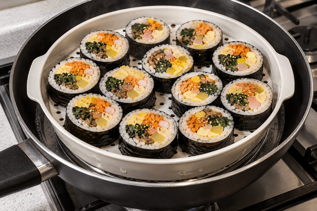 찜기 그릇에 김밥들이 놓여 있다 / 기사 이해를 돕기 위한 Ai 이미지