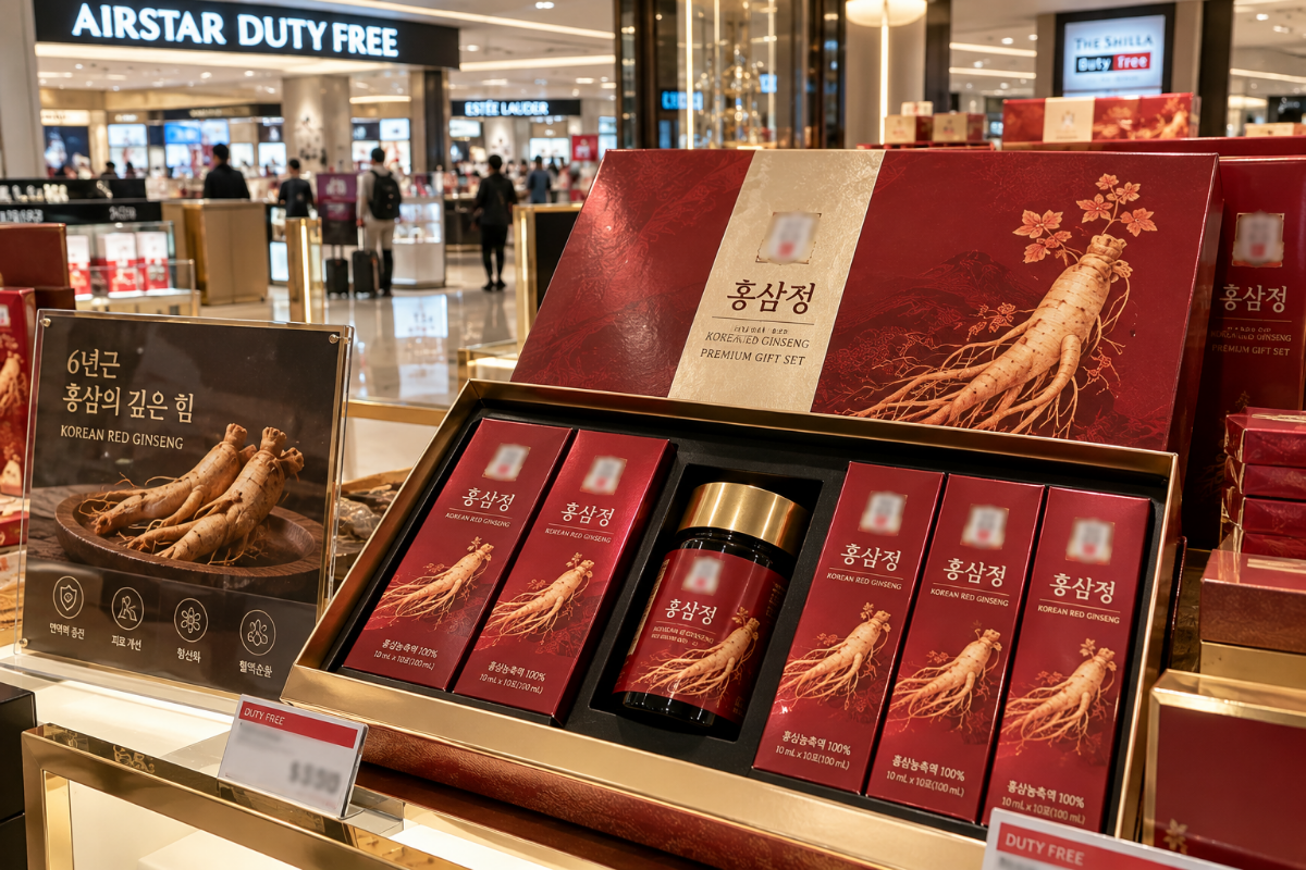 면세점에 진열되어있는 홍삼 선물 세트 / 기사 이해를 돕기 위한 Ai 이미지