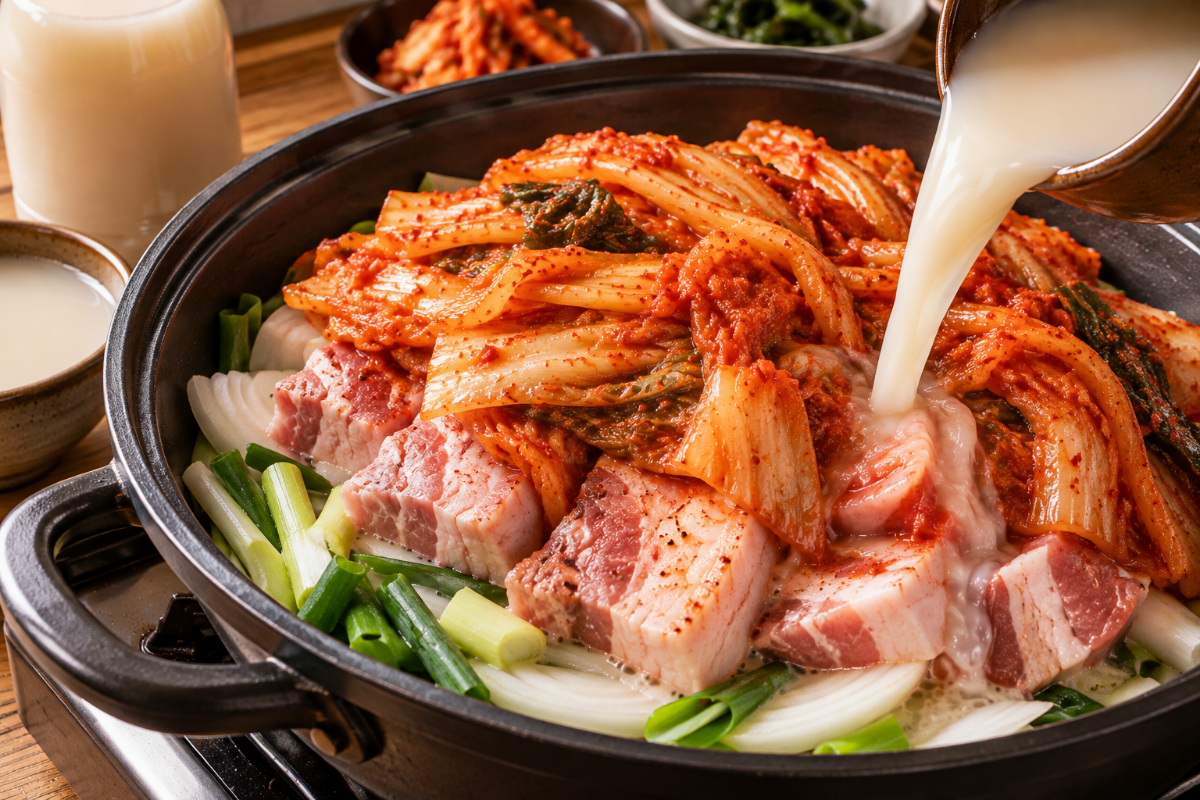 돼지고기 김치찜에 막걸리를 붓고 있다 / 기사 이해를 돕기 위한 Ai 이미지
