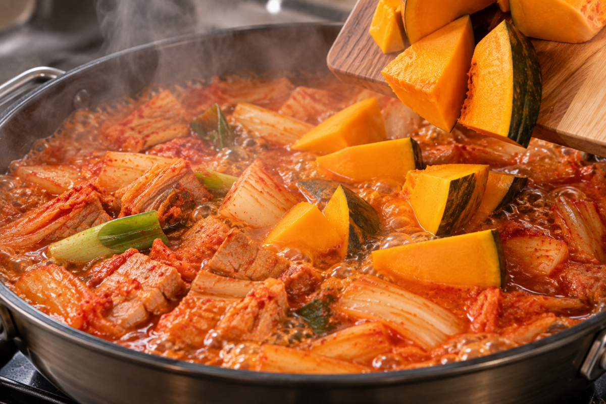 김치찌개에 호박을 넣고 있다 / 기사 이해를 돕기 위한 Ai 이미지