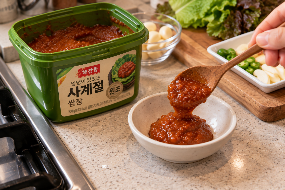 쌈장을 그릇에 덜어내고 있다 / 기사 이해를 돕기 위한 Ai 이미지