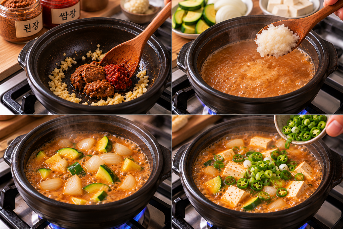된장찌개 끓이는 4컷 이미지 / 기사 이해를 돕기 위한 Ai 이미지
