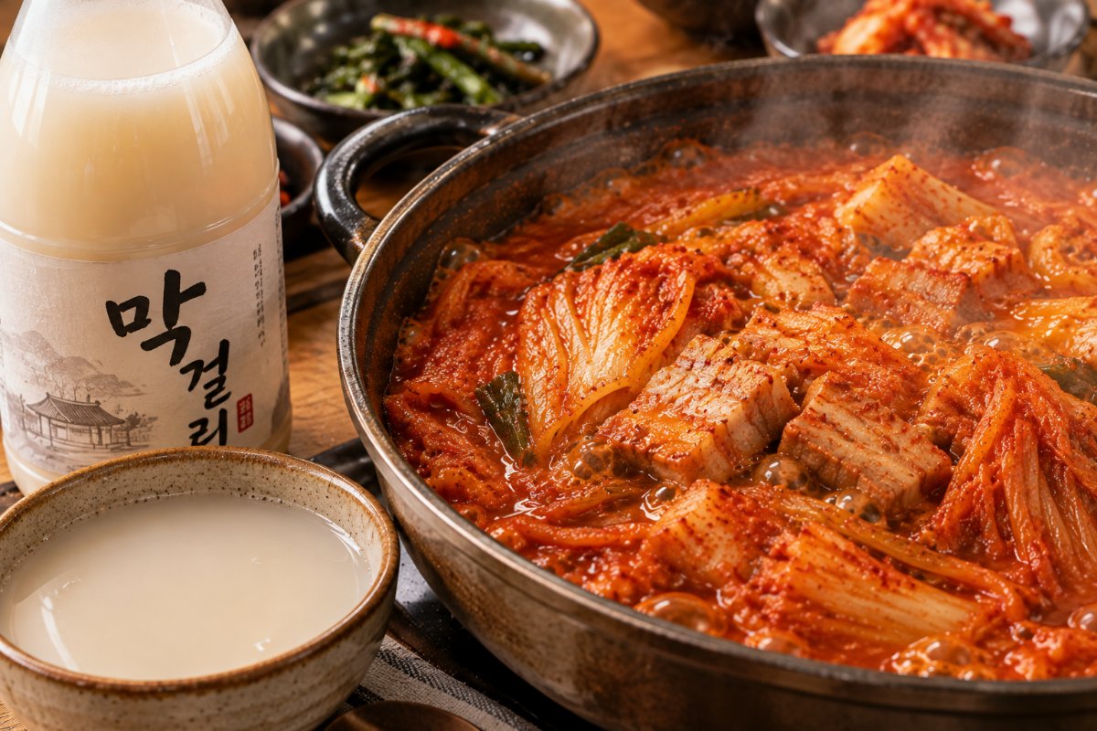 돼지고기 김치찜과 막걸리 / 기사 이해를 돕기 위한 Ai 이미지