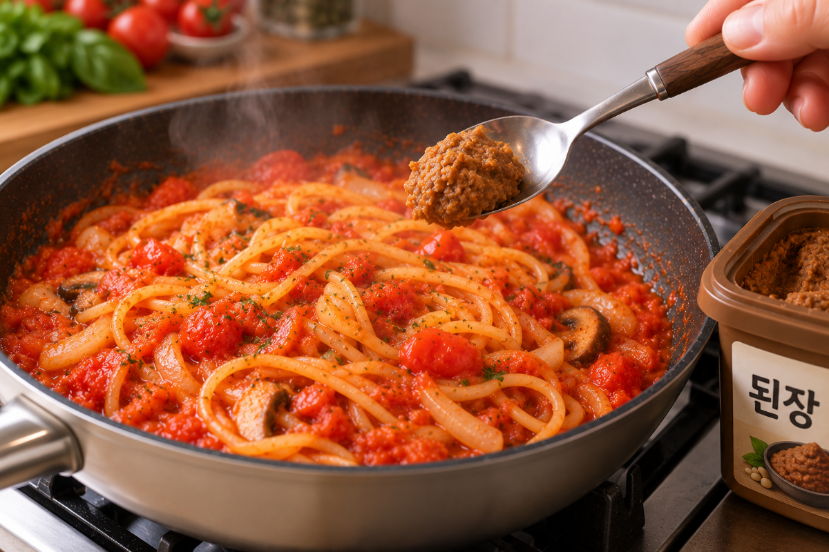 토마토 파스타에 된장을 넣고 있다 / 기사 이해를 돕기위한 Ai이미지
