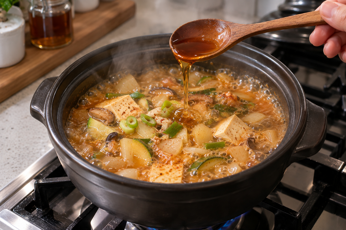 된장찌개에 매실액 한스푼을 넣고 있다 / 기사 이해를 돕기 위한 Ai 이미지