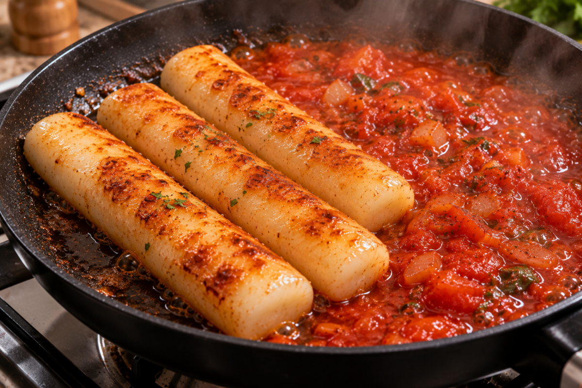 후라이팬에 가래떡과 토마토 소스가 들어있다 / 기사 이해를 돕기 위한 Ai 이미지