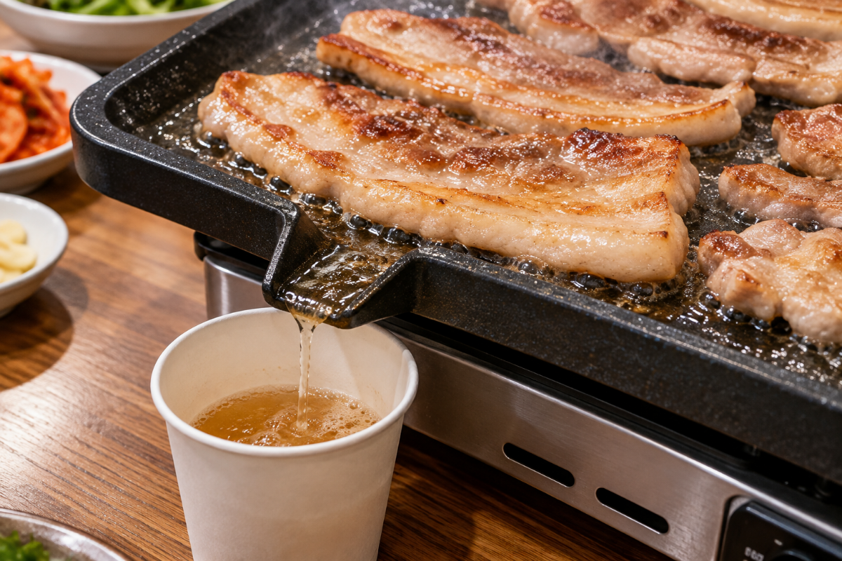 삼겹살 기름이 종이컵에 담겨있다 / 기사 이해를 돕기 위한 Ai 이미지