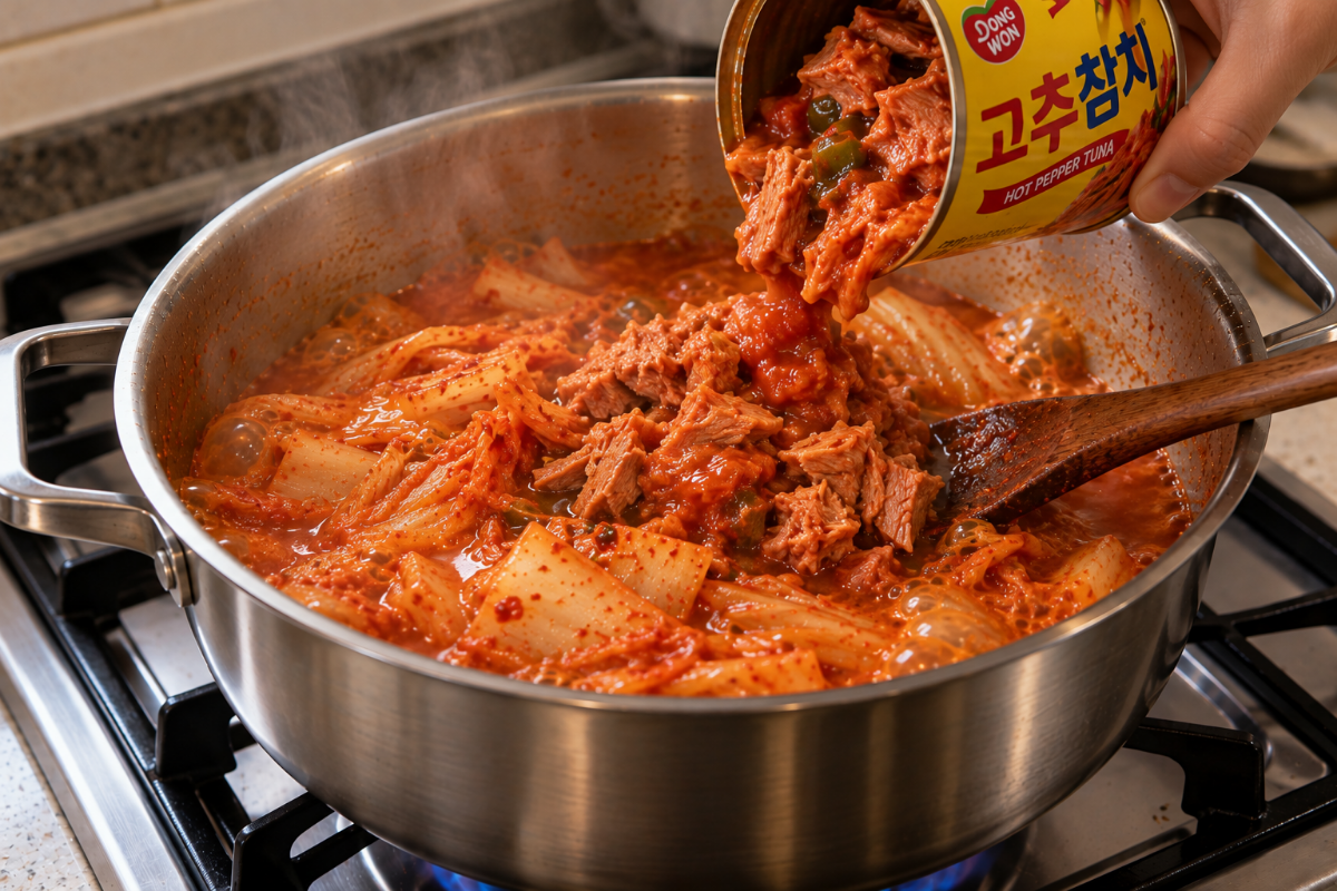 김치찌개에 고추참치를 넣고 있다 / 기사 이해를 돕기 위한 Ai 이미지
