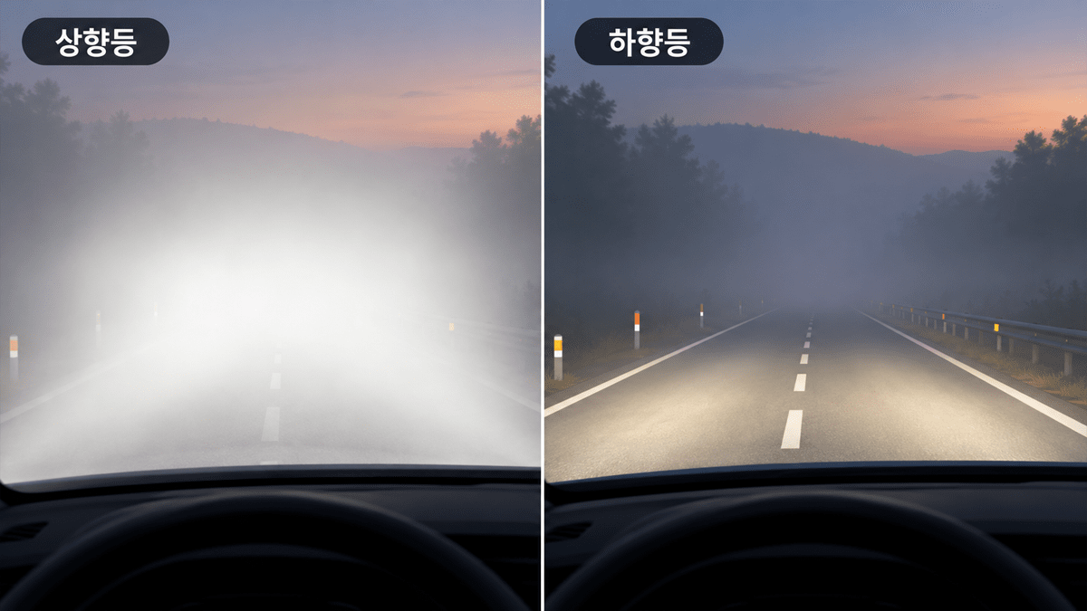 안개길에서 상향등과 일반 하향등의 시야 차이 / 기사 이해를 돕기 위한 AI 생성 이미지