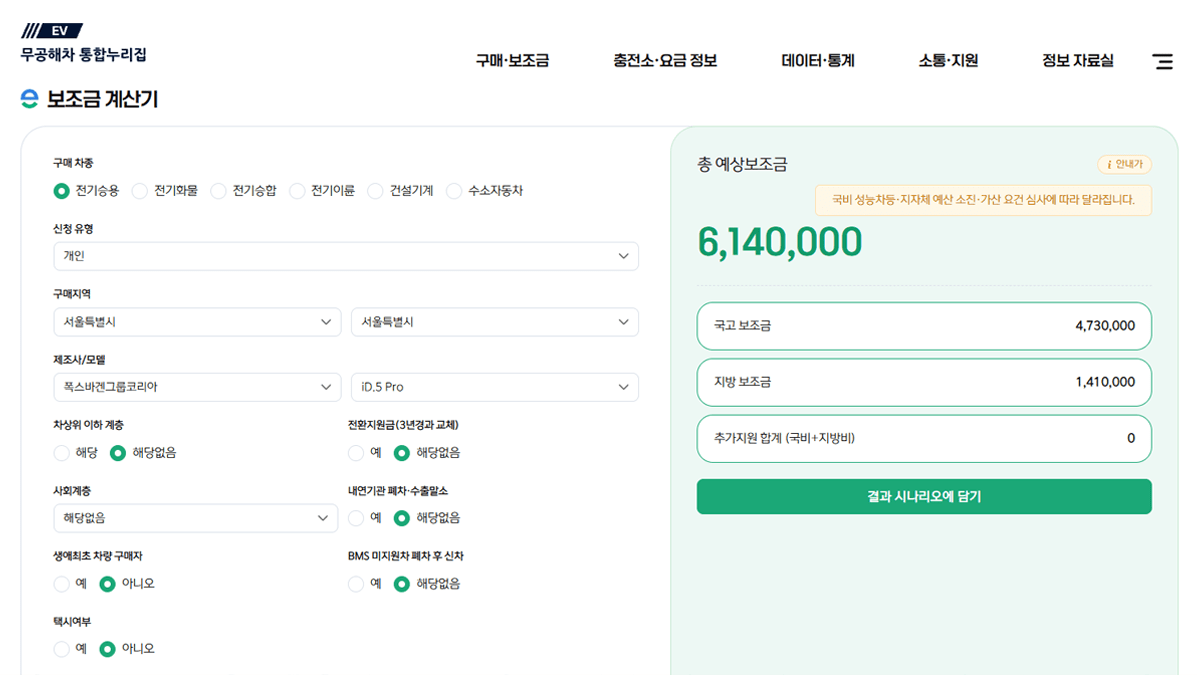 서울시 기준 폭스바겐 ID.5 국고 보조금 및 지자체 보조금 / 사진=무공해차통합누리집