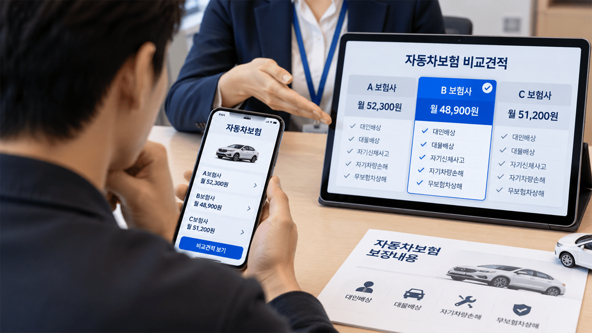 자동차보험 가입 전 조건을 보며 비교하는 운전자 / 기사 이해를 돕기 위한 AI 생성 이미지