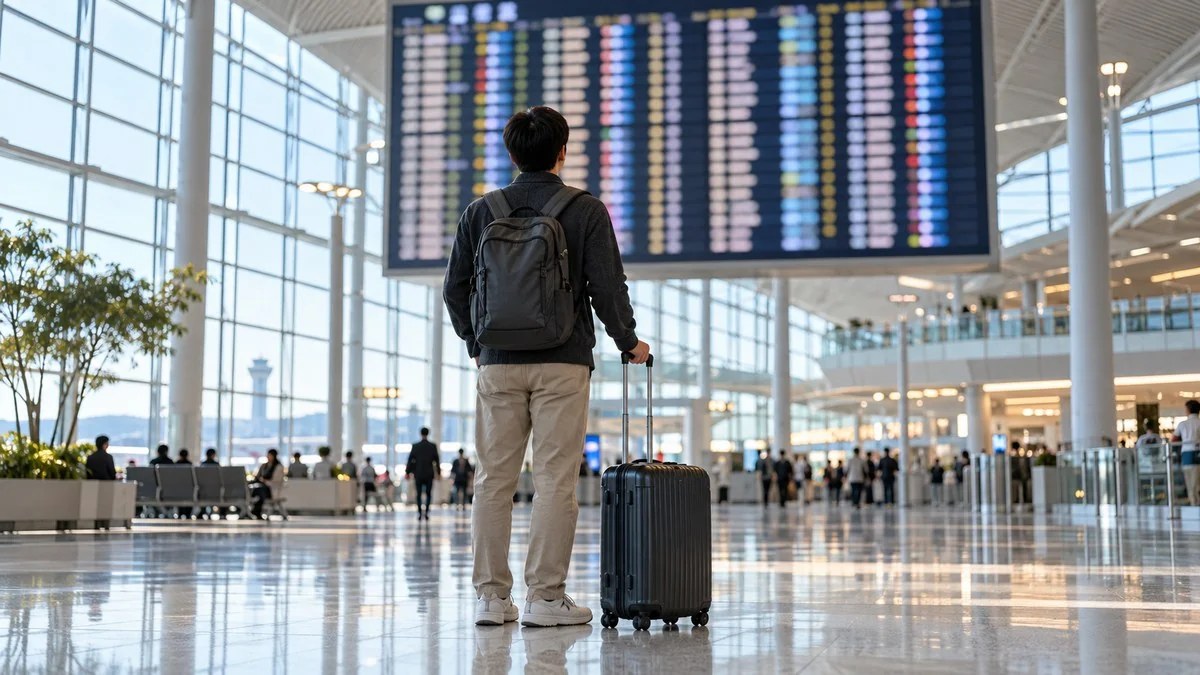 동계 항공편 일정을 확인하려 공항 전광판을 바라보는 여행자 뒷모습