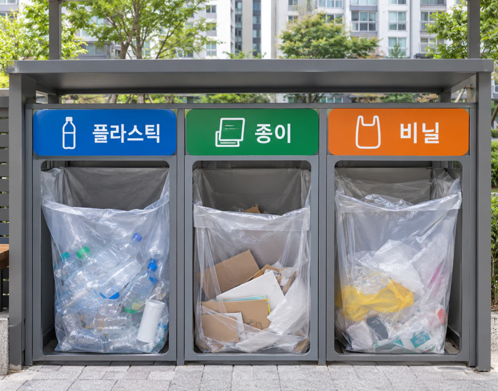 아파트 단지 분리배출함에 플라스틱, 종이, 비닐을 각각 구분해 버리는 모습