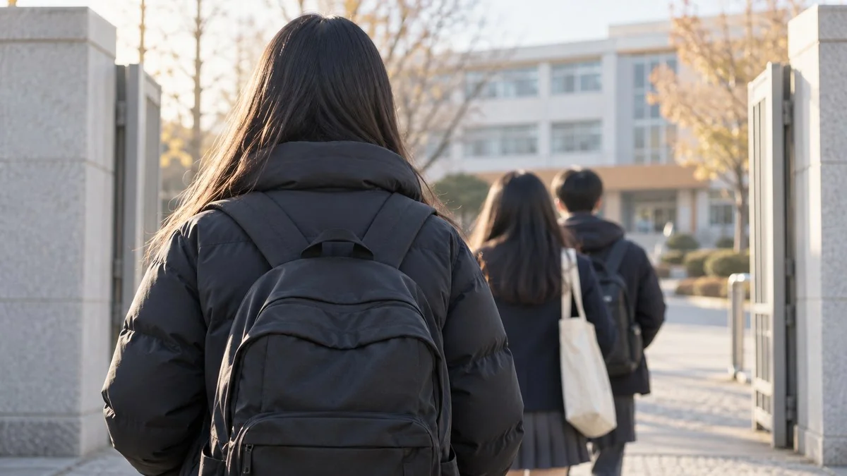 이른 아침 수능 시험장 교문 안으로 걸어 들어가는 수험생들의 뒷모습