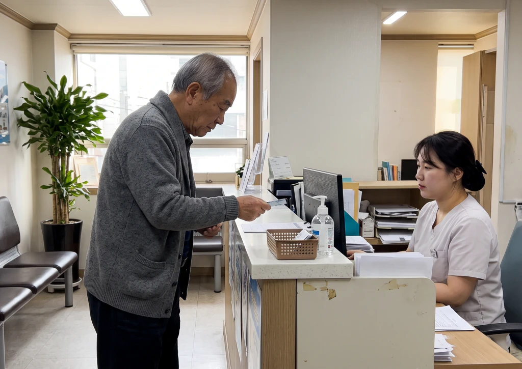 동네 병원 접수대에서 신분증을 건네고 접종 접수를 하는 어르신